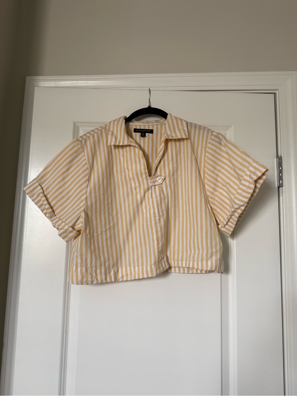 Banana Republic Yellow and White Striped Cropped Polo Blouse